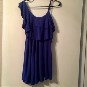 Blue one-shoulder mini dress with ruffles